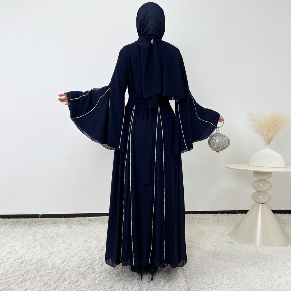 Elegant Chiffon Abaya Set with Hijab | Round Neck Bell Sleeve Maxi Dress with Rhinestone Trim (MA325)