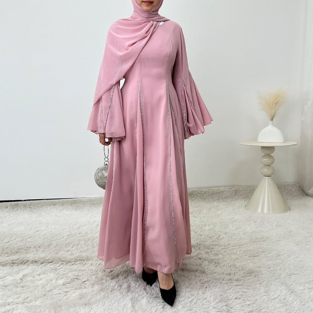 Elegant Chiffon Abaya Set with Hijab | Round Neck Bell Sleeve Maxi Dress with Rhinestone Trim (MA325)