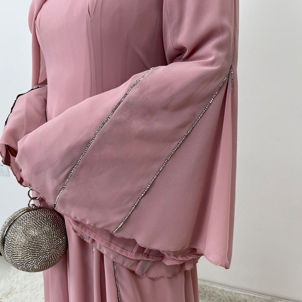 Elegant Chiffon Abaya Set with Hijab | Round Neck Bell Sleeve Maxi Dress with Rhinestone Trim (MA325)