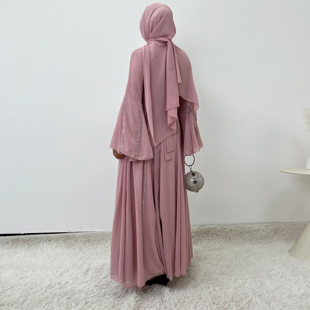 Elegant Chiffon Abaya Set with Hijab | Round Neck Bell Sleeve Maxi Dress with Rhinestone Trim (MA325)