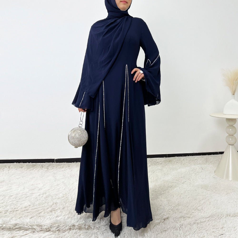 Elegant Chiffon Abaya Set with Hijab | Round Neck Bell Sleeve Maxi Dress with Rhinestone Trim (MA325)