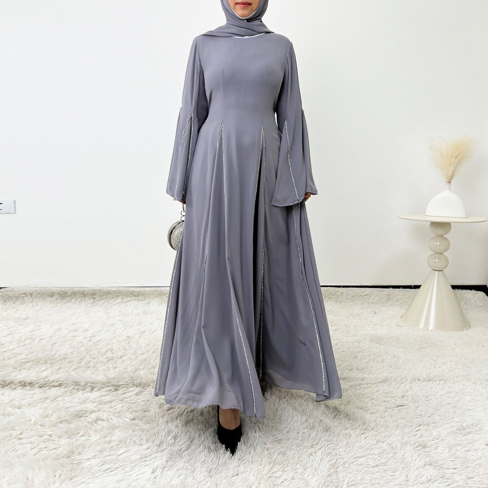 Elegant Chiffon Abaya Set with Hijab | Round Neck Bell Sleeve Maxi Dress with Rhinestone Trim (MA325)