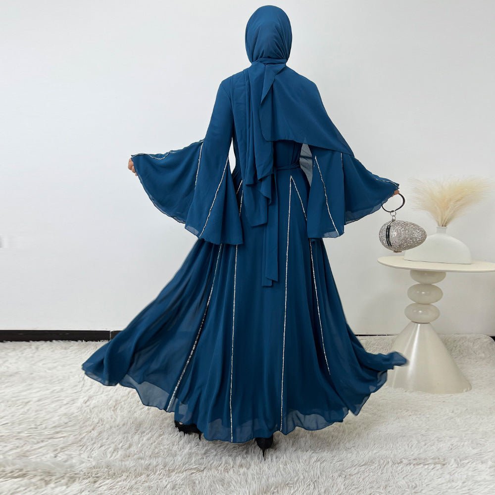 Elegant Chiffon Abaya Set with Hijab | Round Neck Bell Sleeve Maxi Dress with Rhinestone Trim (MA325)