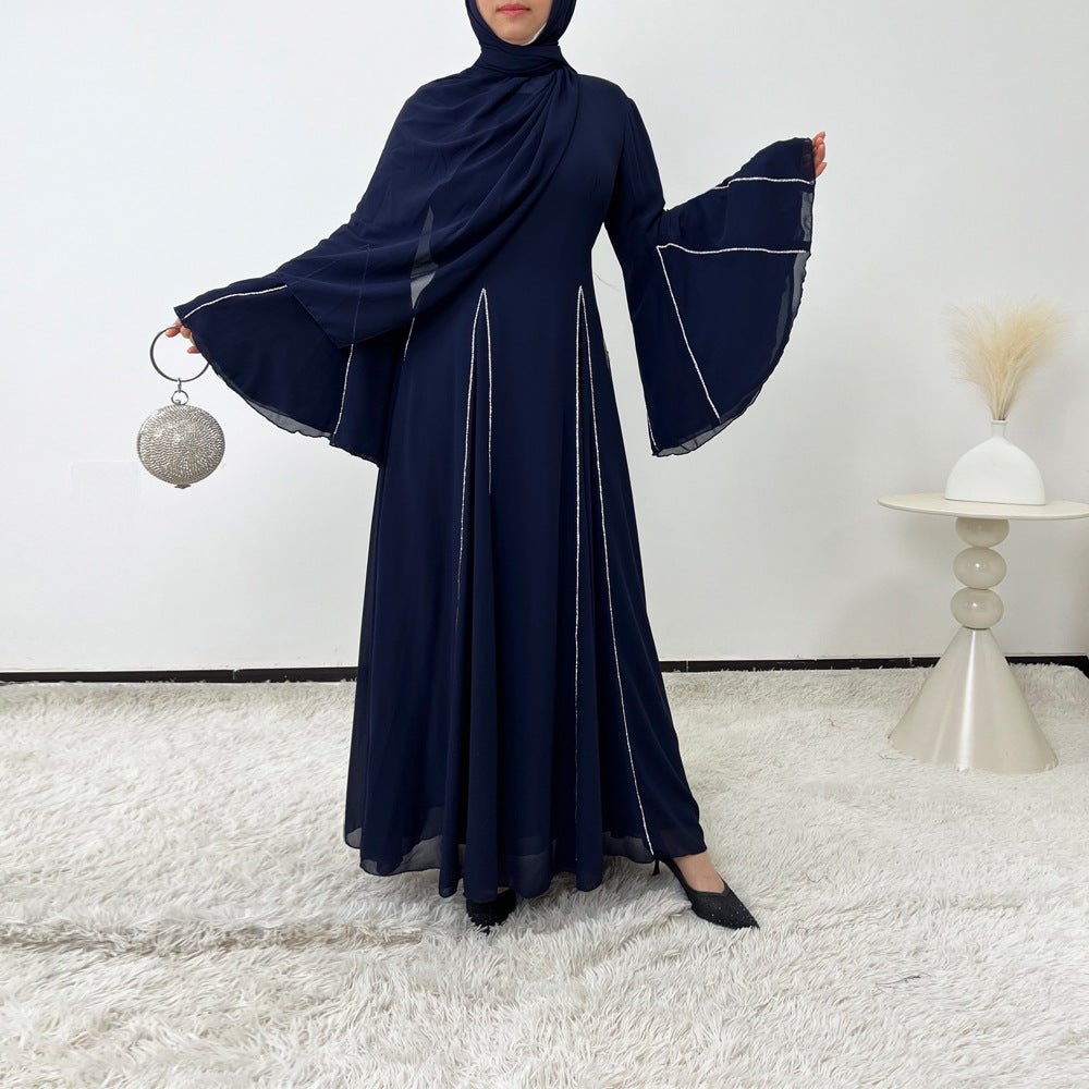 Elegant Chiffon Abaya Set with Hijab | Round Neck Bell Sleeve Maxi Dress with Rhinestone Trim (MA325)