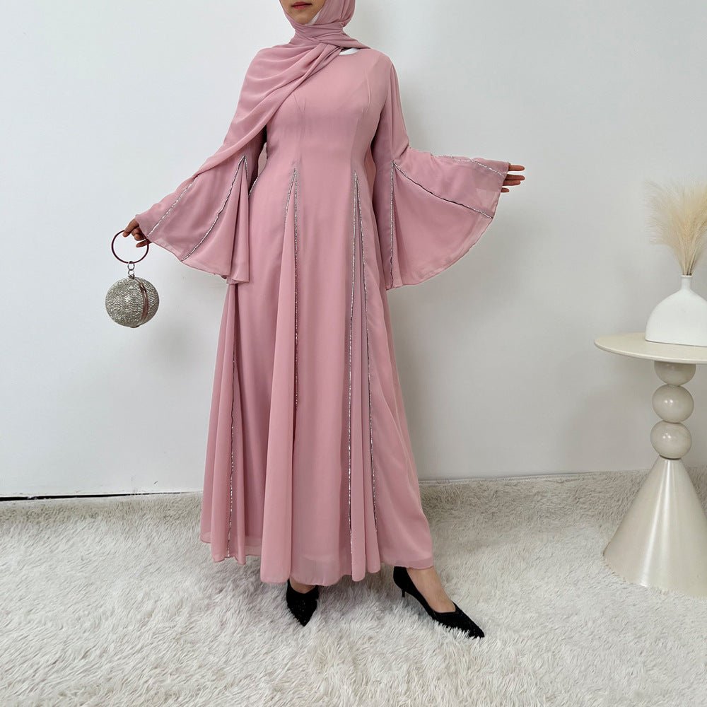 Elegant Chiffon Abaya Set with Hijab | Round Neck Bell Sleeve Maxi Dress with Rhinestone Trim (MA325)