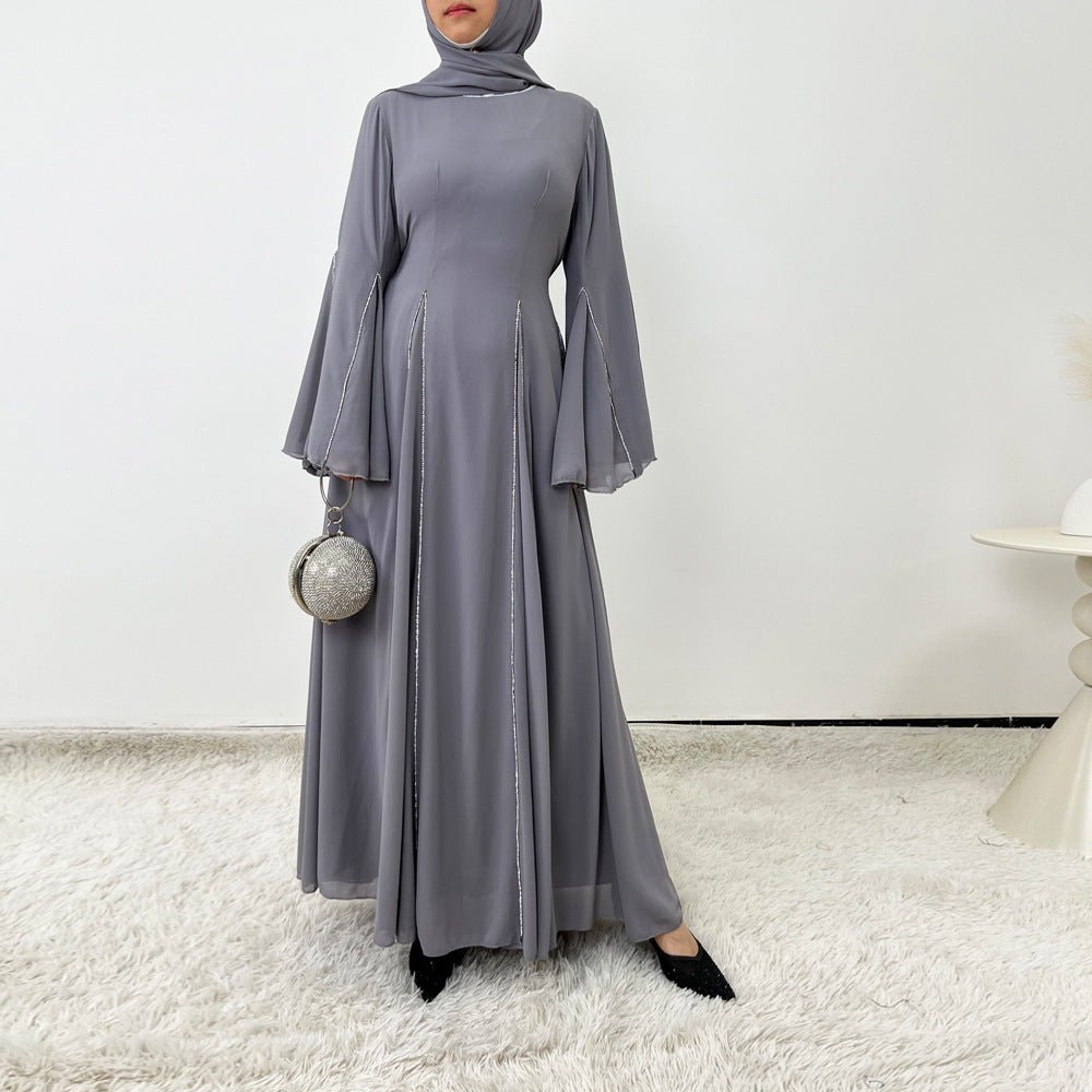 Elegant Chiffon Abaya Set with Hijab | Round Neck Bell Sleeve Maxi Dress with Rhinestone Trim (MA325)