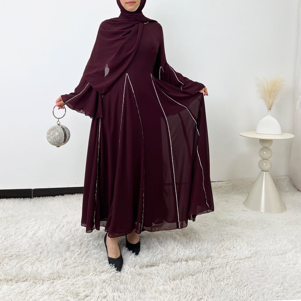 Elegant Chiffon Abaya Set with Hijab | Round Neck Bell Sleeve Maxi Dress with Rhinestone Trim (MA325)