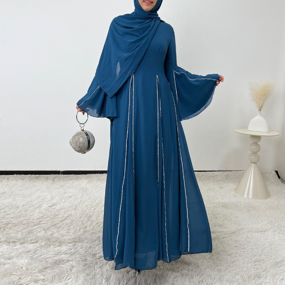 Elegant Chiffon Abaya Set with Hijab | Round Neck Bell Sleeve Maxi Dress with Rhinestone Trim (MA325)