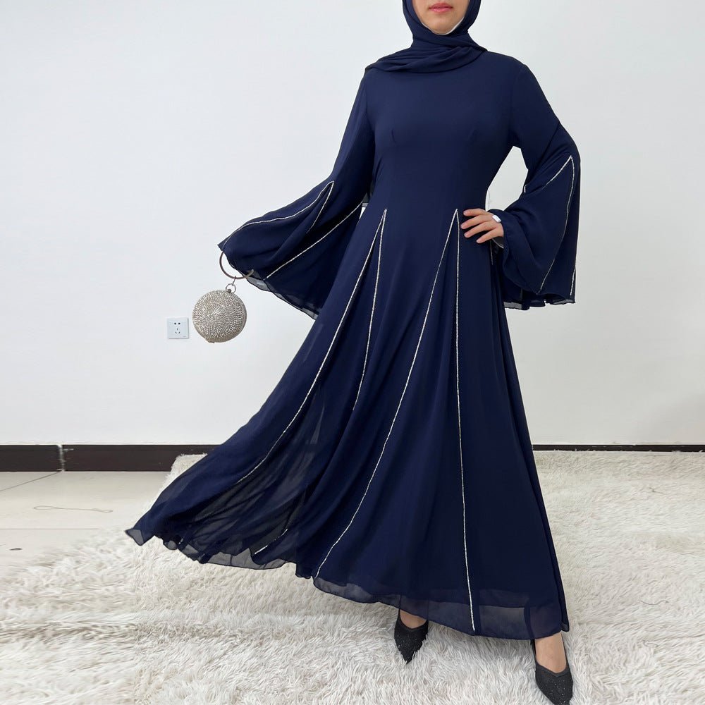 Elegant Chiffon Abaya Set with Hijab | Round Neck Bell Sleeve Maxi Dress with Rhinestone Trim (MA325)