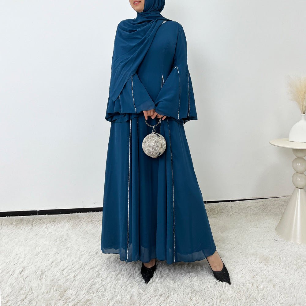 Elegant Chiffon Abaya Set with Hijab | Round Neck Bell Sleeve Maxi Dress with Rhinestone Trim (MA325)