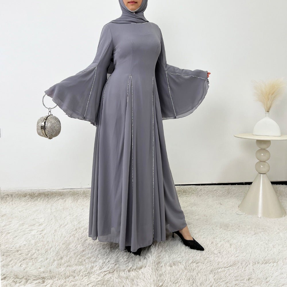 Elegant Chiffon Abaya Set with Hijab | Round Neck Bell Sleeve Maxi Dress with Rhinestone Trim (MA325)