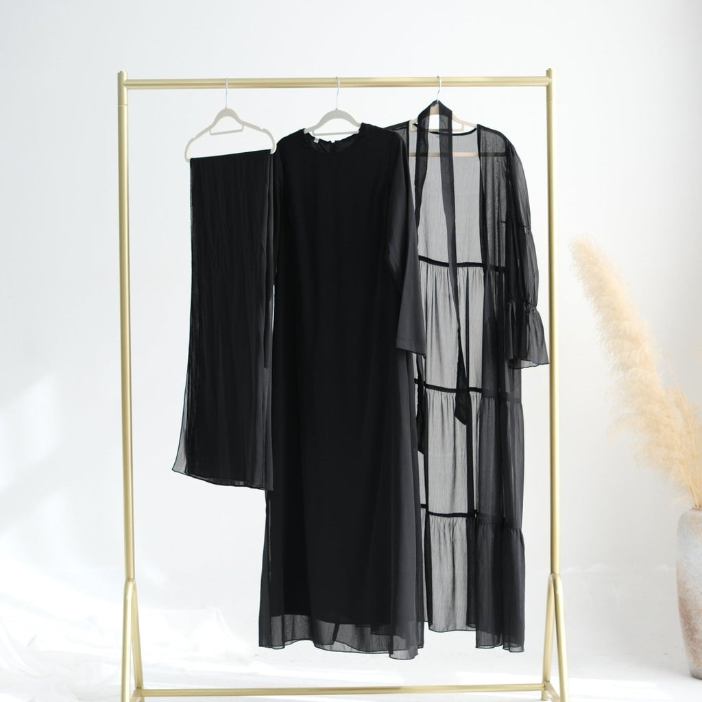 Elegant Chiffon Wrinkle Abaya | Three-Piece Set Modest Muslim Chiffon Abaya (MOA155)
