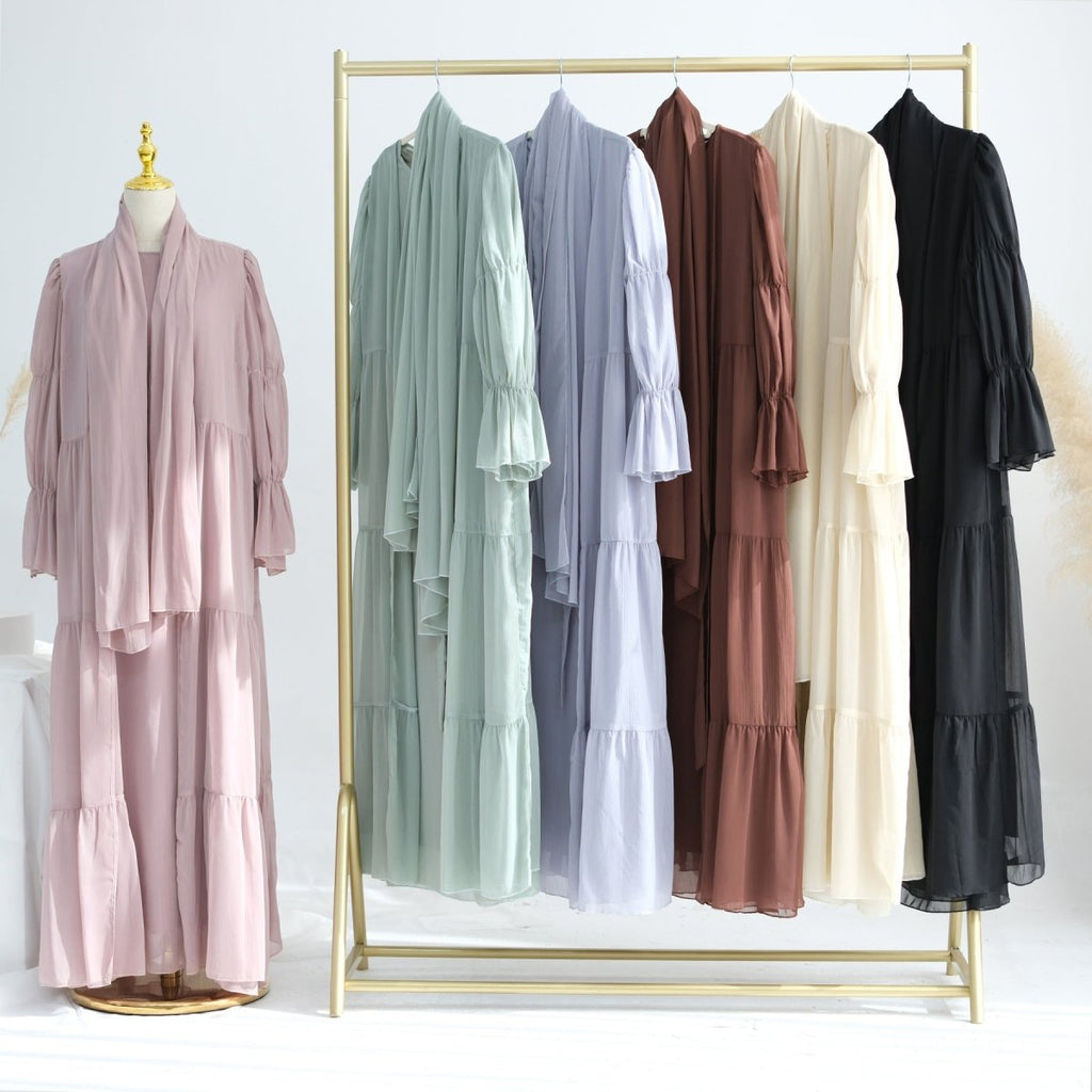 Elegant Chiffon Wrinkle Abaya | Three-Piece Set Modest Muslim Chiffon Abaya (MOA155)