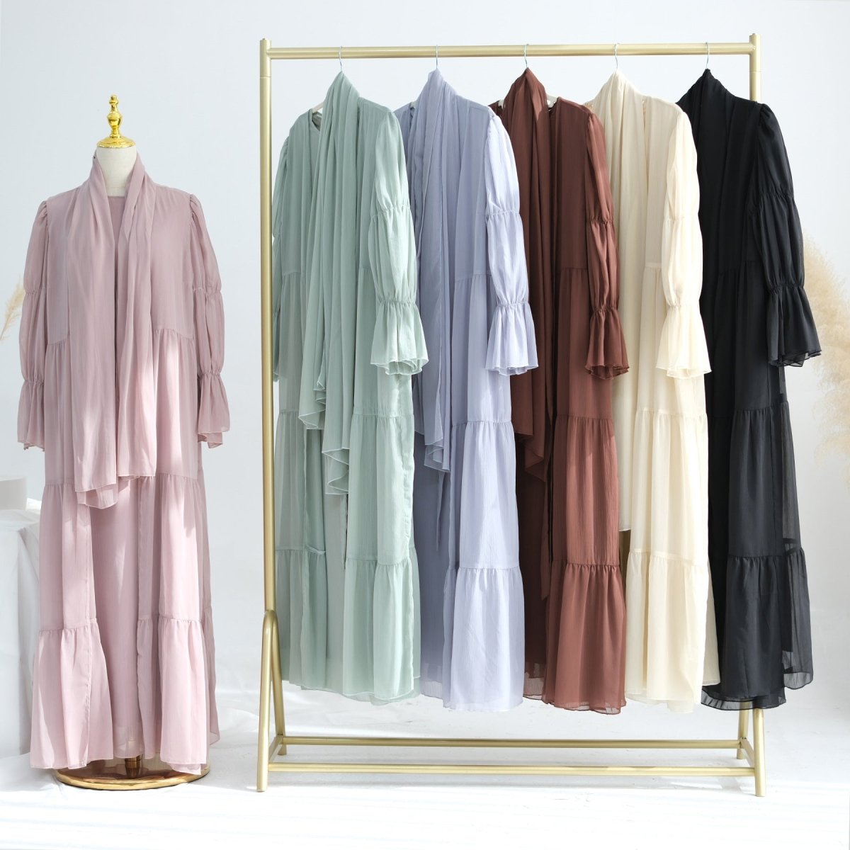 Elegant Chiffon Wrinkle Abaya | Three-Piece Set Modest Muslim Chiffon Abaya (MOA155)