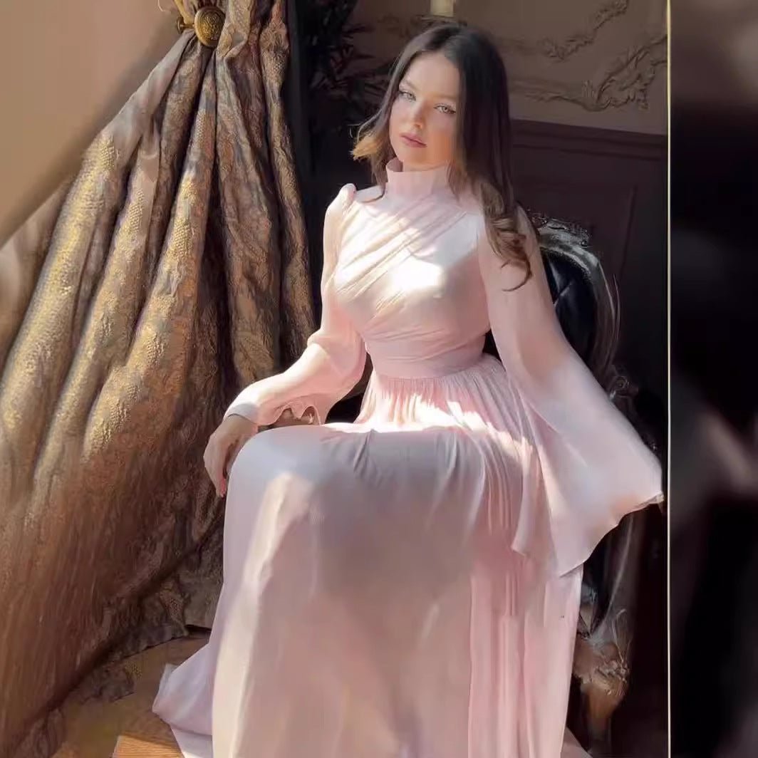 Elegant French Waist Pleated Half-Turtleneck Flared Sleeve Dresses Abaya Wedding Guest Gown (MA199)