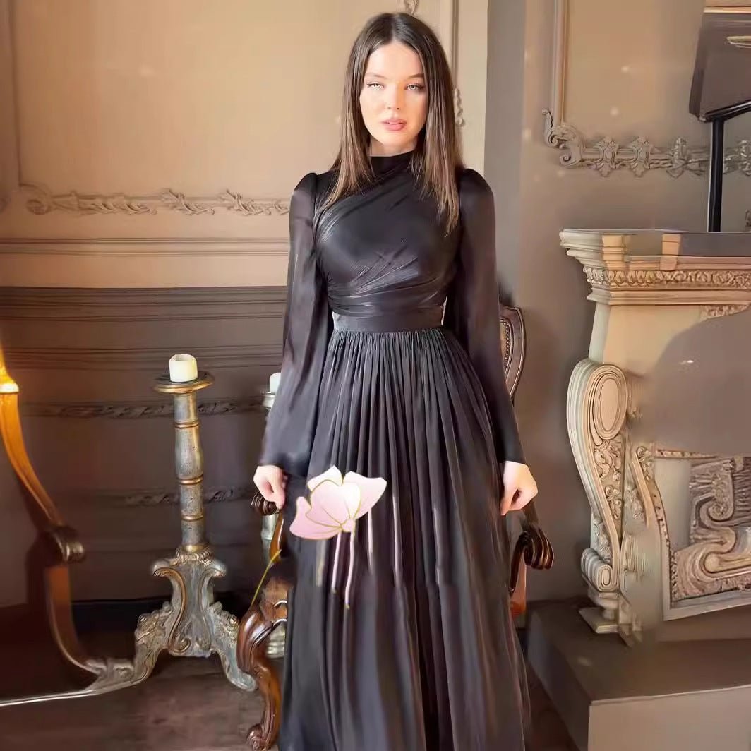 Elegant French Waist Pleated Half-Turtleneck Flared Sleeve Dresses Abaya Wedding Guest Gown (MA199)