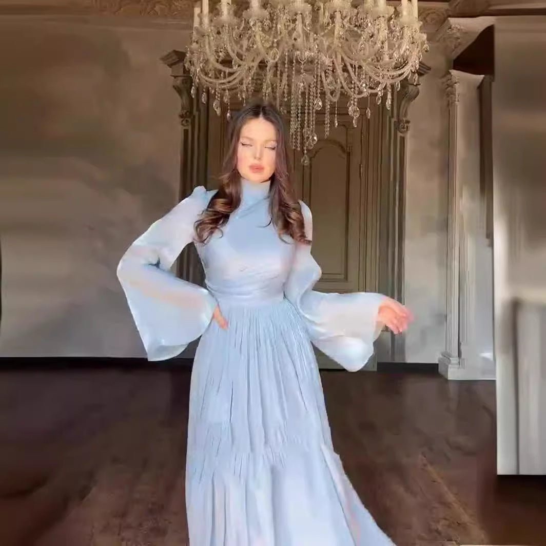 Elegant French Waist Pleated Half-Turtleneck Flared Sleeve Dresses Abaya Wedding Guest Gown (MA199)