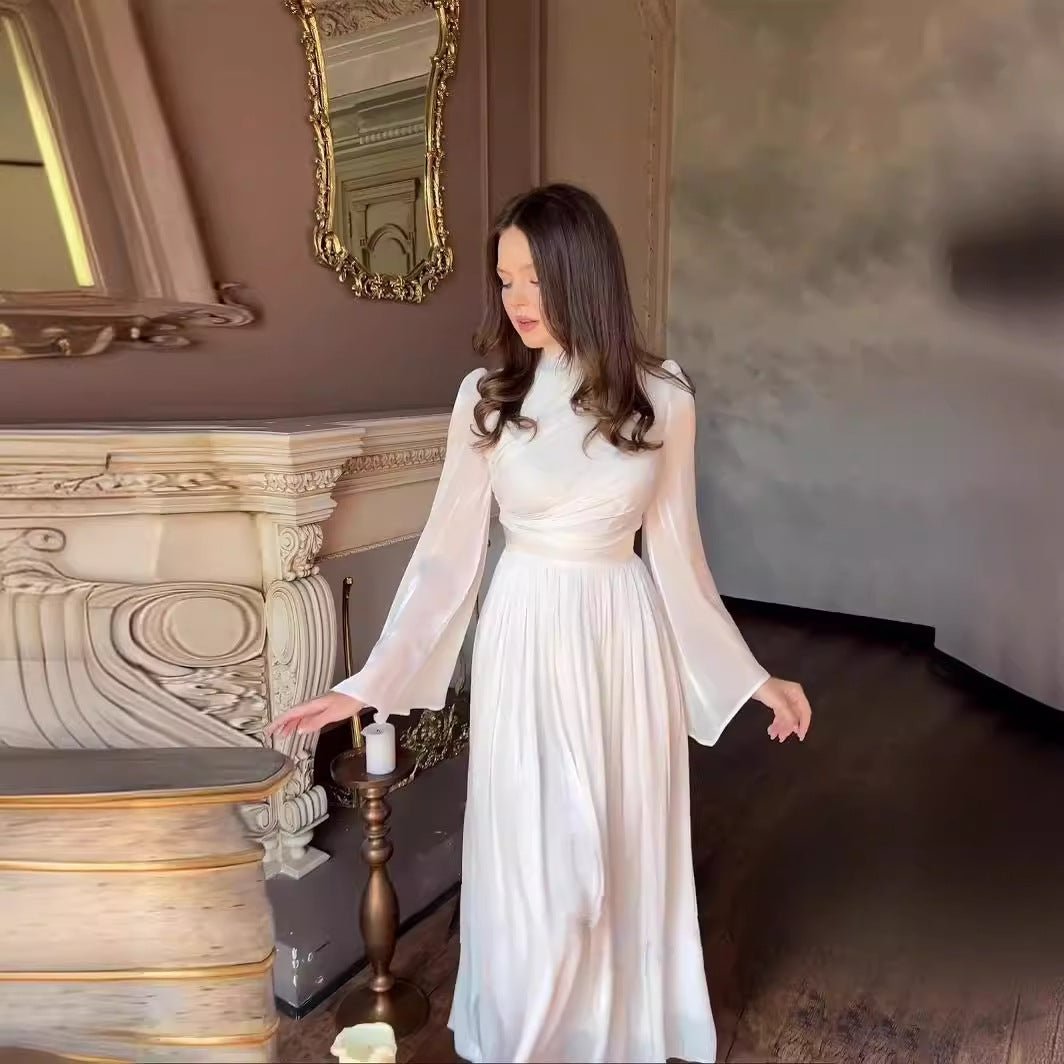 Elegant French Waist Pleated Half-Turtleneck Flared Sleeve Dresses Abaya Wedding Guest Gown (MA199)