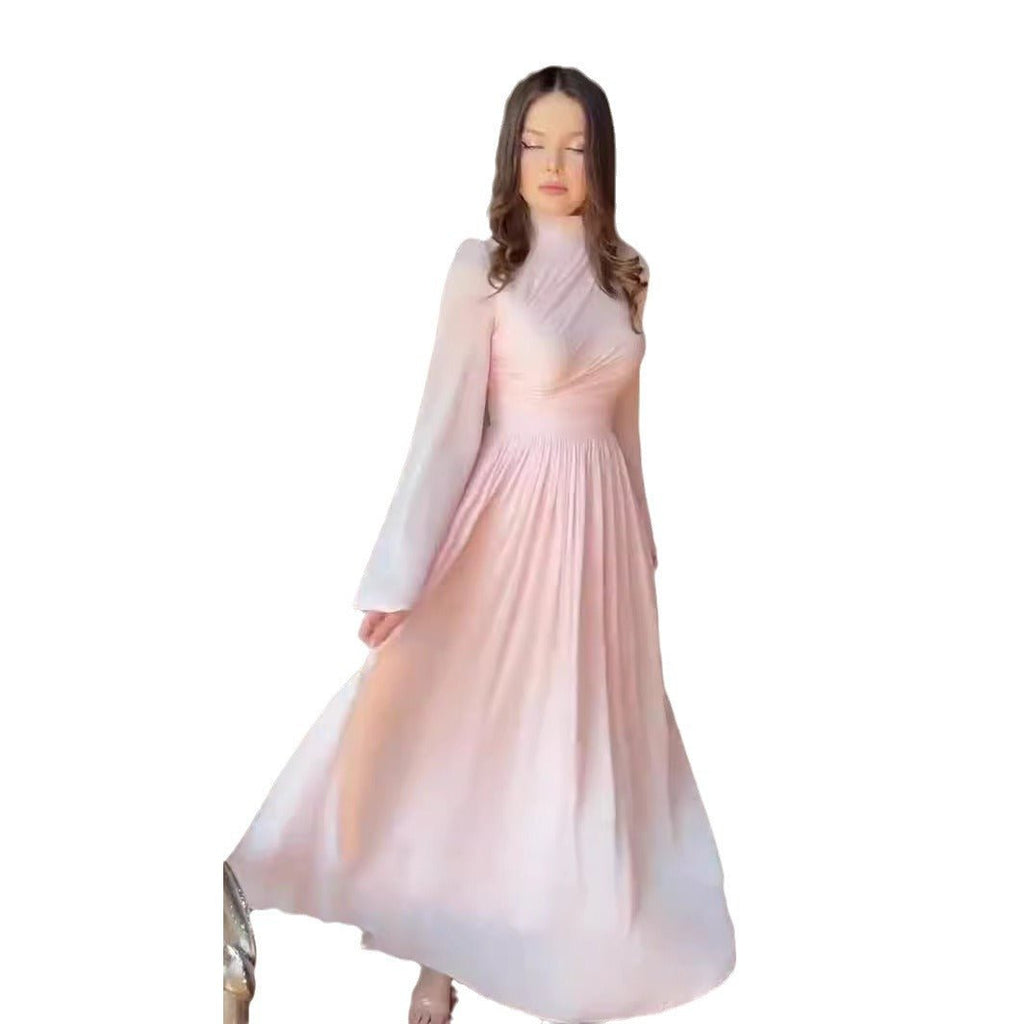 Elegant French Waist Pleated Half-Turtleneck Flared Sleeve Dresses Abaya Wedding Guest Gown (MA199)