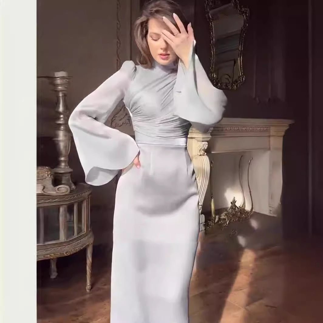 Elegant Half-Turtleneck Flared Sleeve French Pleated Dress Abaya (MA198)