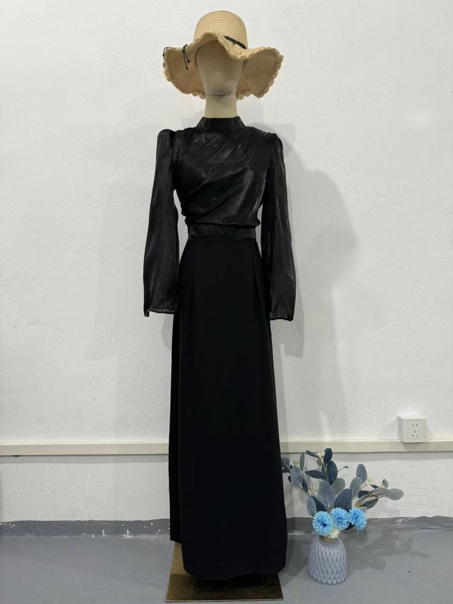 Elegant Half-Turtleneck Flared Sleeve French Pleated Dress Abaya (MA198)