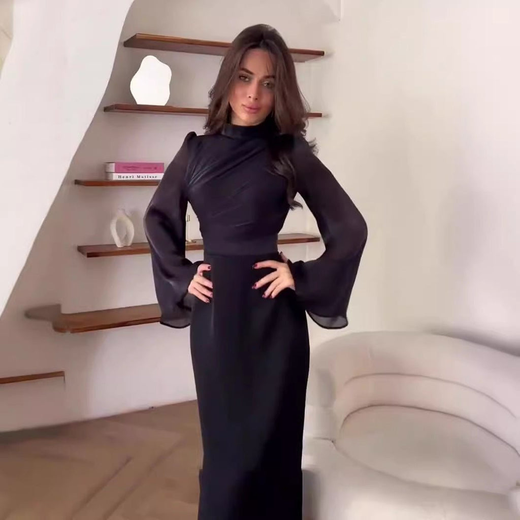 Elegant Half-Turtleneck Flared Sleeve French Pleated Dress Abaya (MA198)