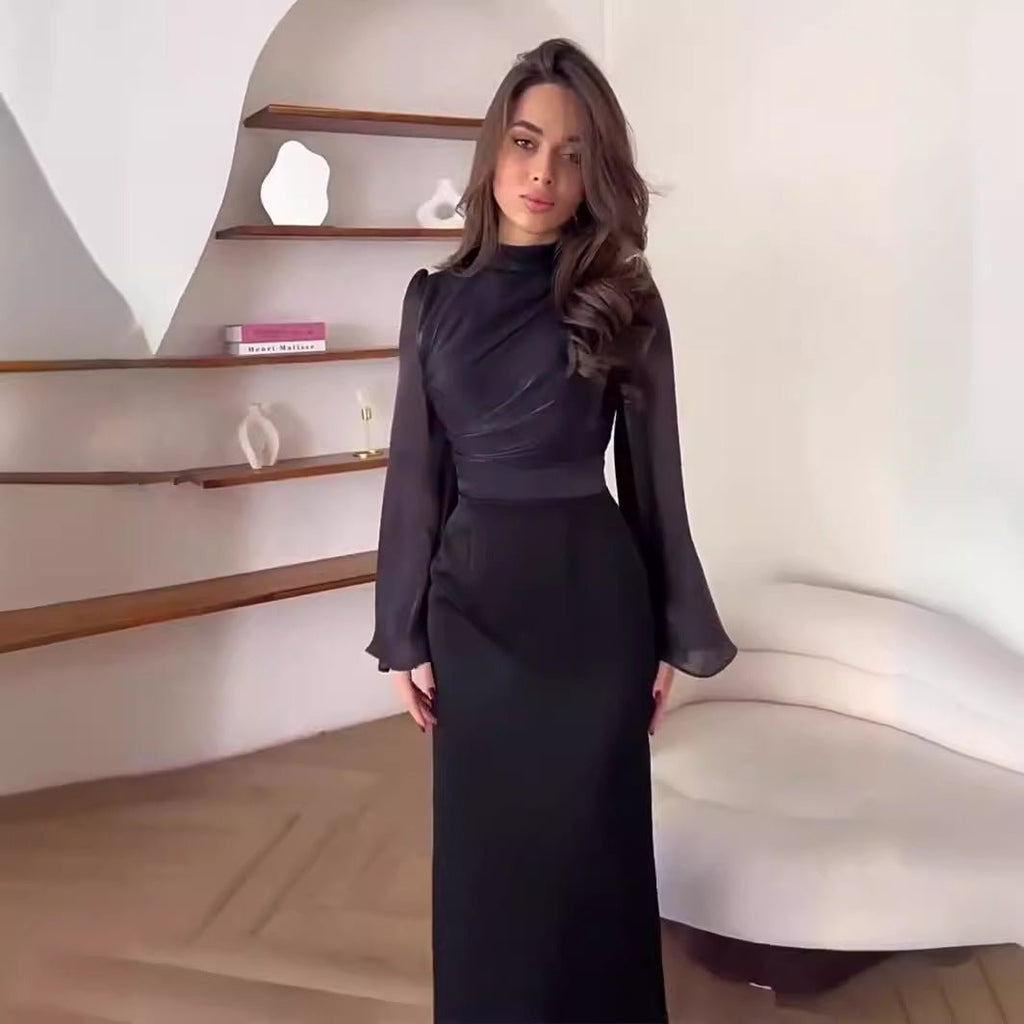 Elegant Half-Turtleneck Flared Sleeve French Pleated Dress Abaya (MA198)