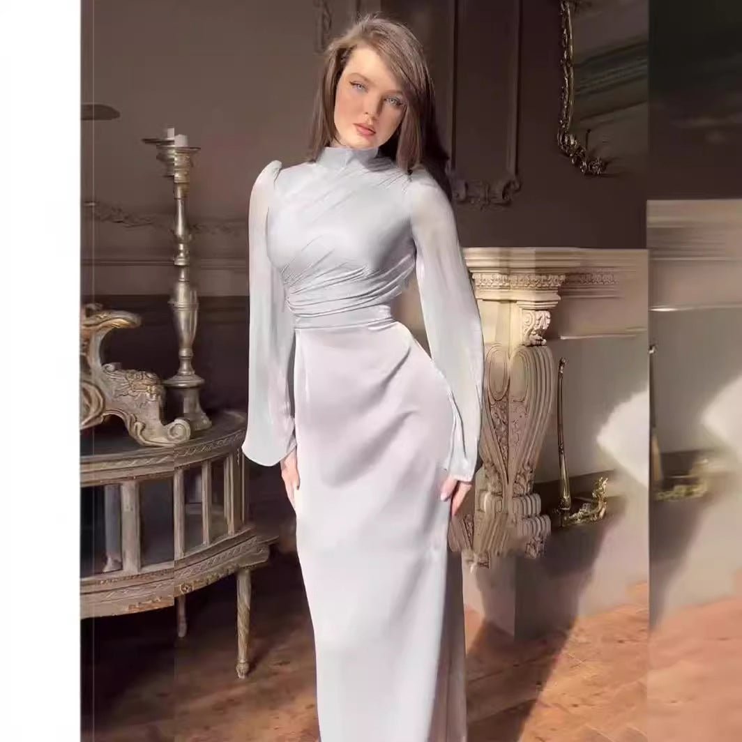 Elegant Half-Turtleneck Flared Sleeve French Pleated Dress Abaya (MA198)