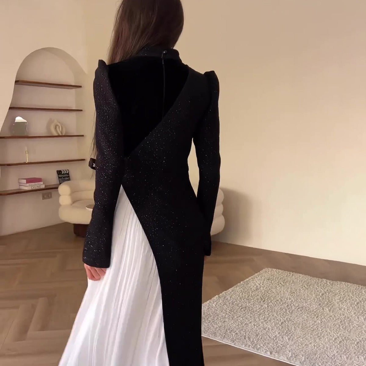 Elegant High Neck Long Sleeve Black & White Spliced Pleated  Dress Abaya with Puffed Shoulders(MA195)