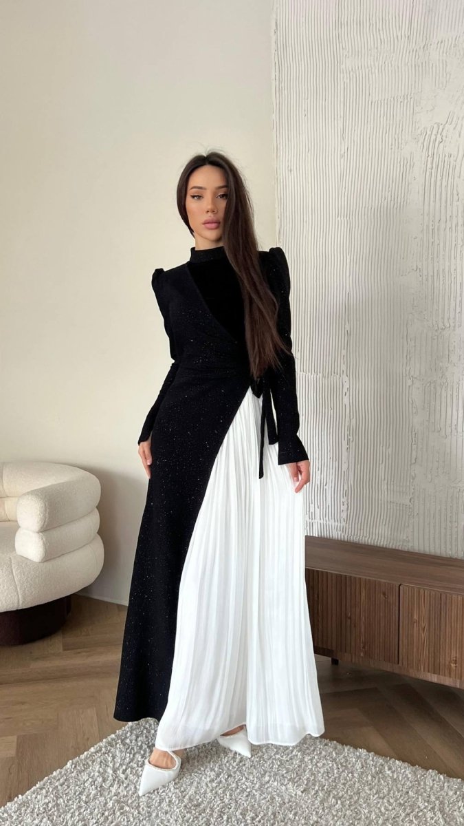 Elegant High Neck Long Sleeve Black & White Spliced Pleated  Dress Abaya with Puffed Shoulders(MA195)