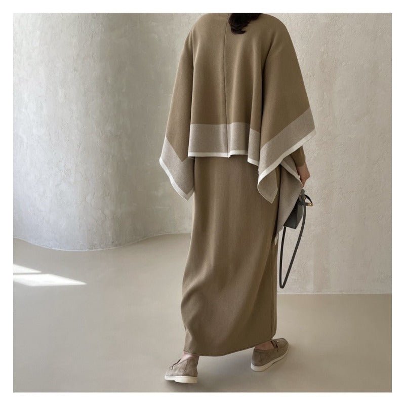 Elegant Knit Shawl & Half-Turtleneck Maxi Dress Set | Two-Piece Modest Outfit(MS117)