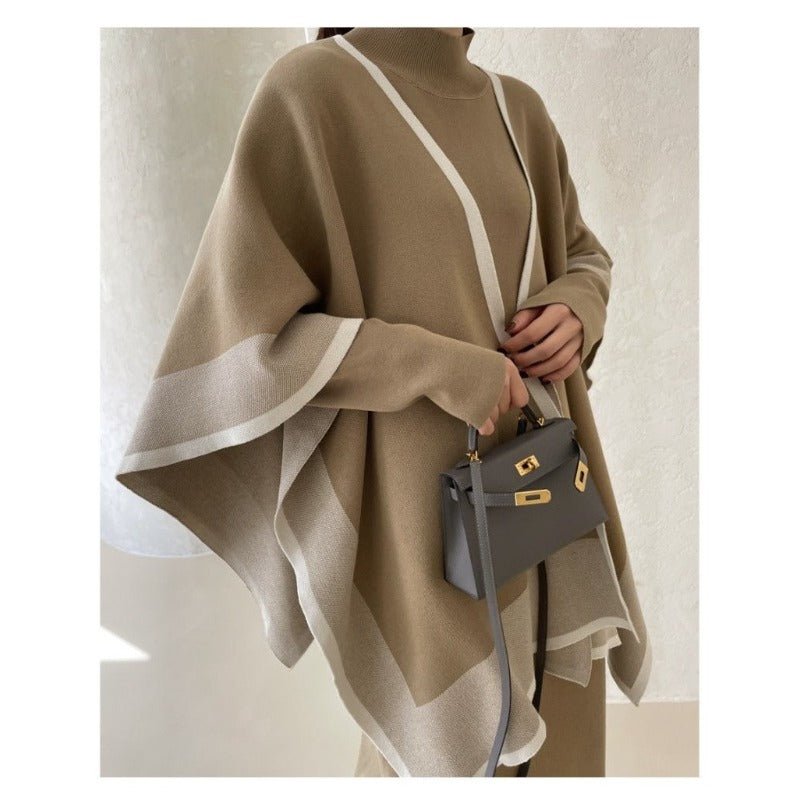Elegant Knit Shawl & Half-Turtleneck Maxi Dress Set | Two-Piece Modest Outfit(MS117)
