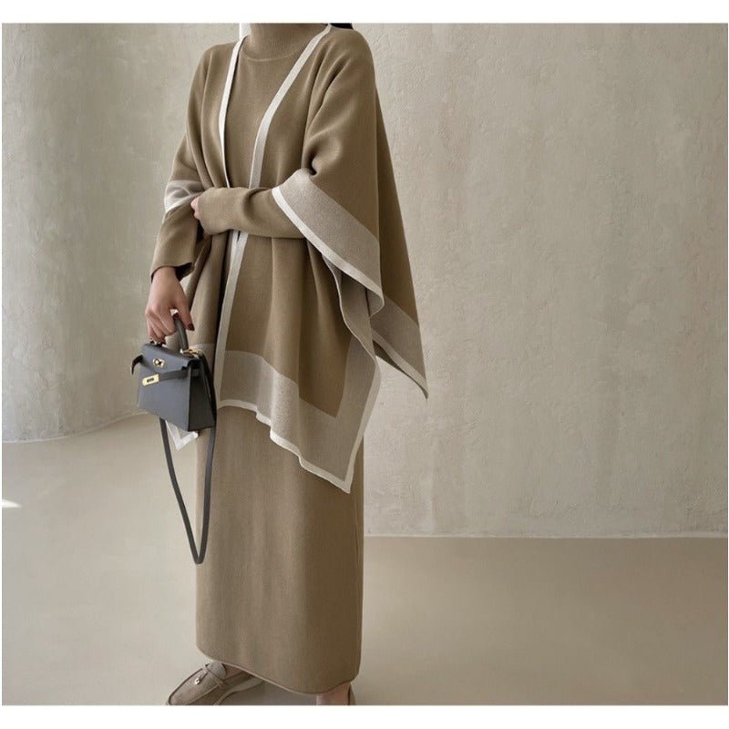 Elegant Knit Shawl & Half-Turtleneck Maxi Dress Set | Two-Piece Modest Outfit(MS117)