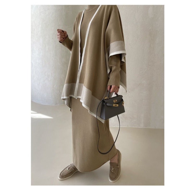 Elegant Knit Shawl & Half-Turtleneck Maxi Dress Set | Two-Piece Modest Outfit(MS117)