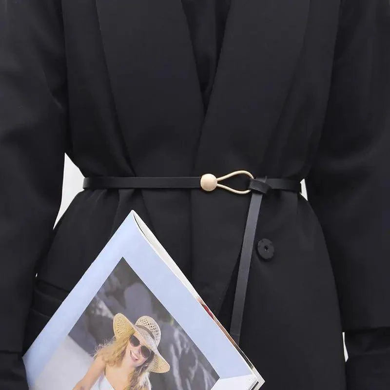 Elegant Leather Adjustable Thin Belt For Women Unique Black Design Ladies Belt High Quality Charming Waistbands For Dress