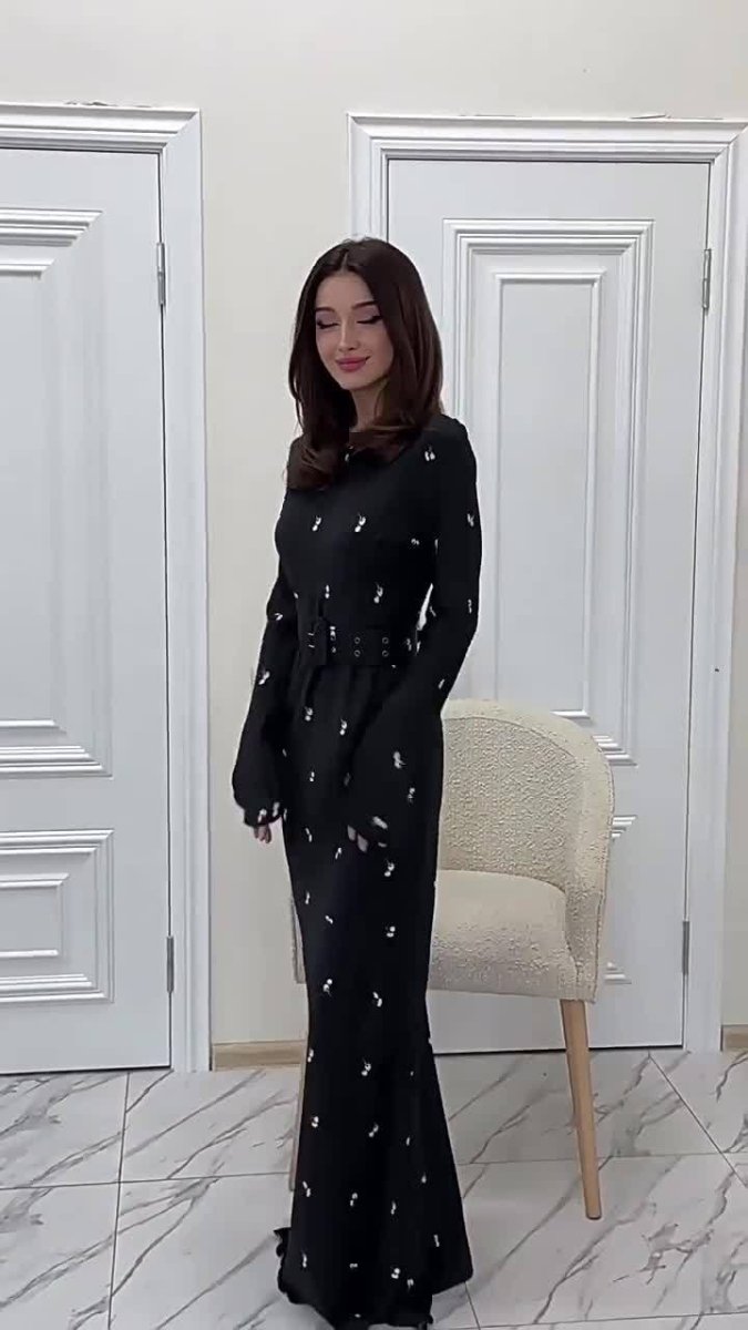 Elegant Long-Sleeve Floral Slim-Fit A-Line Dress with Ruffles & Belt(MA203)
