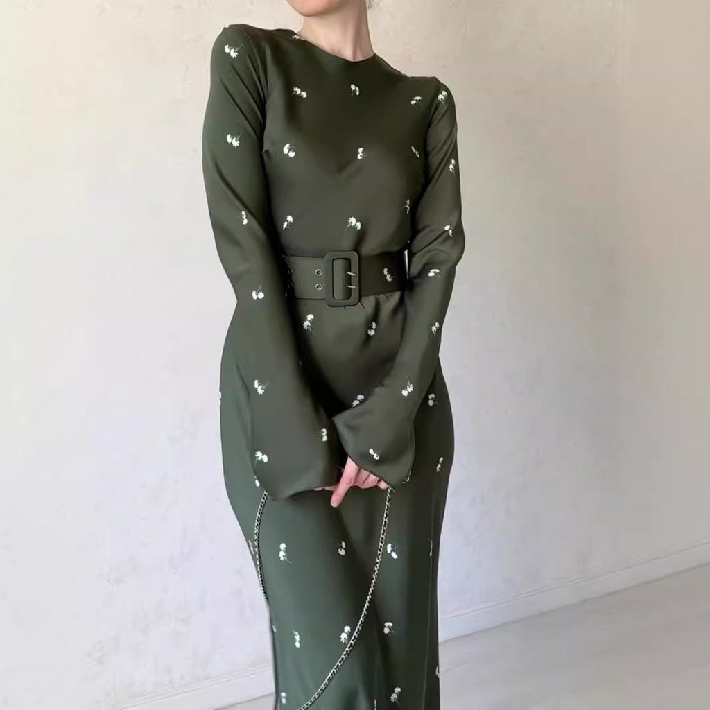 Elegant Long-Sleeve Floral Slim-Fit A-Line Dress with Ruffles & Belt(MA203)