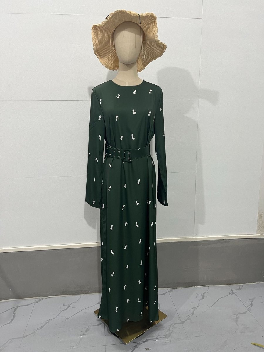 Elegant Long-Sleeve Floral Slim-Fit A-Line Dress with Ruffles & Belt(MA203)
