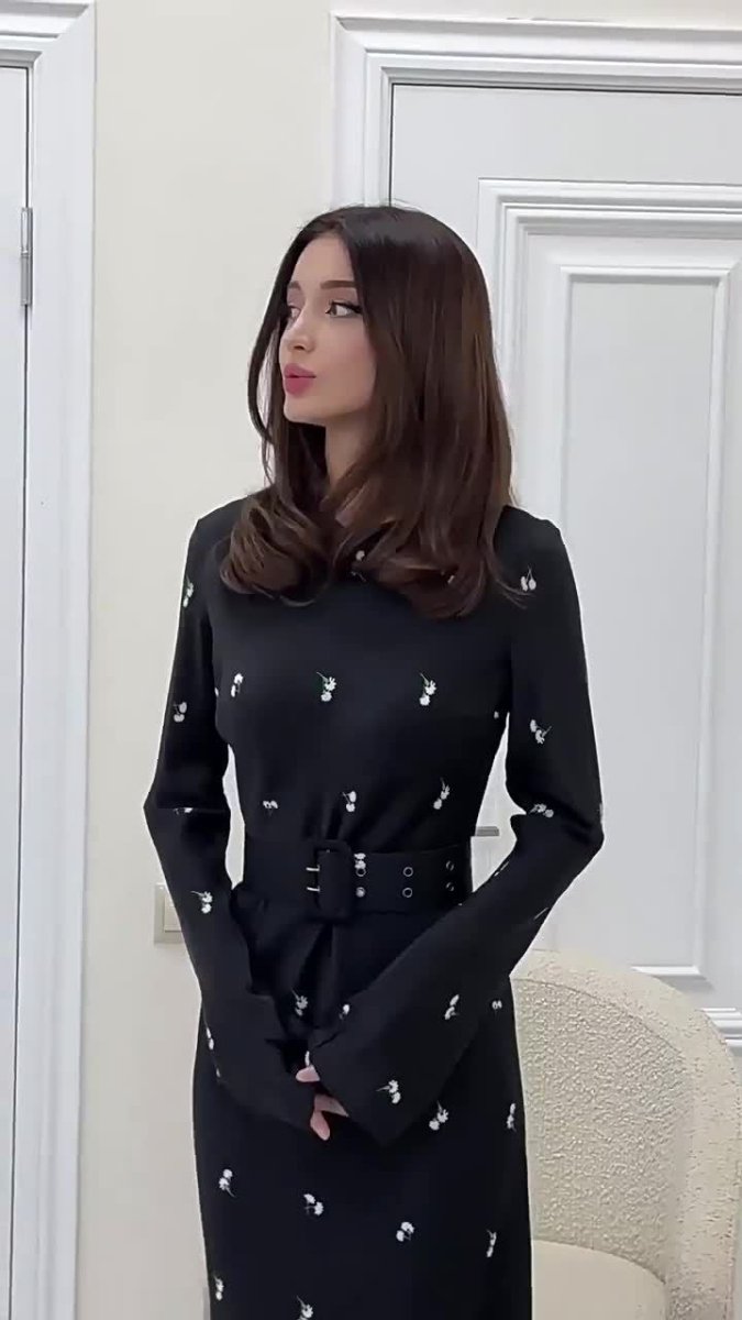 Elegant Long-Sleeve Floral Slim-Fit A-Line Dress with Ruffles & Belt(MA203)