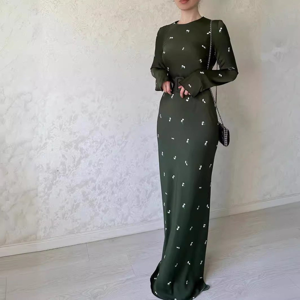 Elegant Long-Sleeve Floral Slim-Fit A-Line Dress with Ruffles & Belt(MA203)