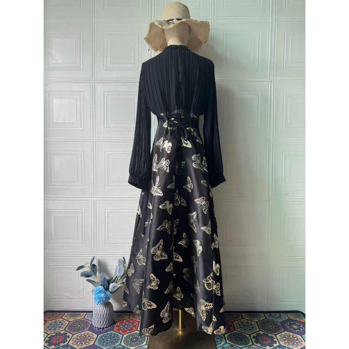 Elegant Long Sleeve Maxi Dress, Butterfly Patterned Abaya / Long Dress Gown (MA219)