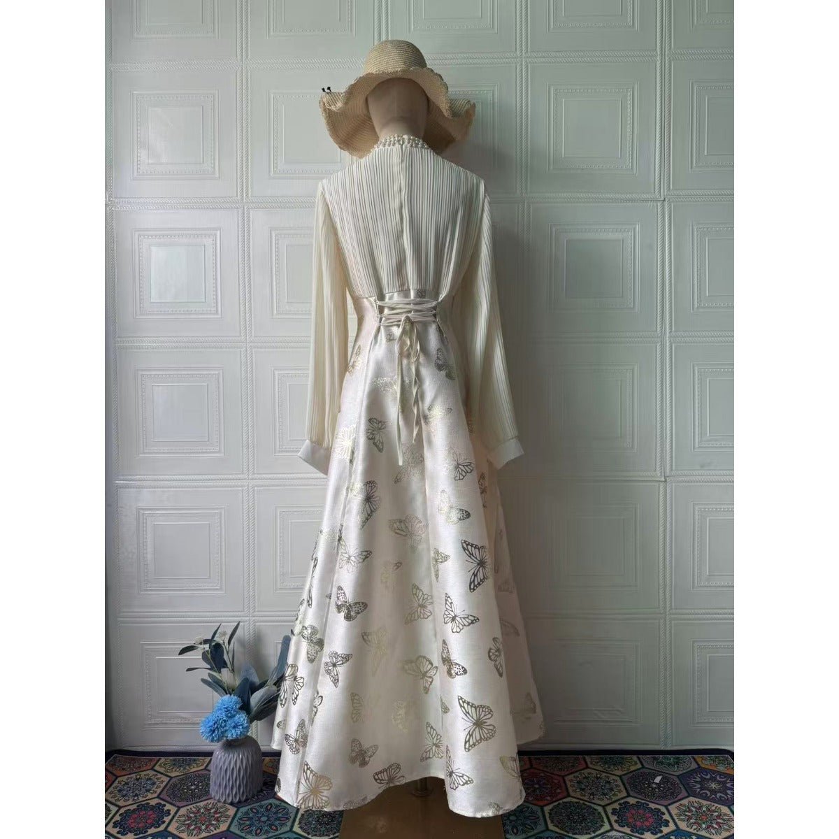 Elegant Long Sleeve Maxi Dress, Butterfly Patterned Abaya / Long Dress Gown (MA219)