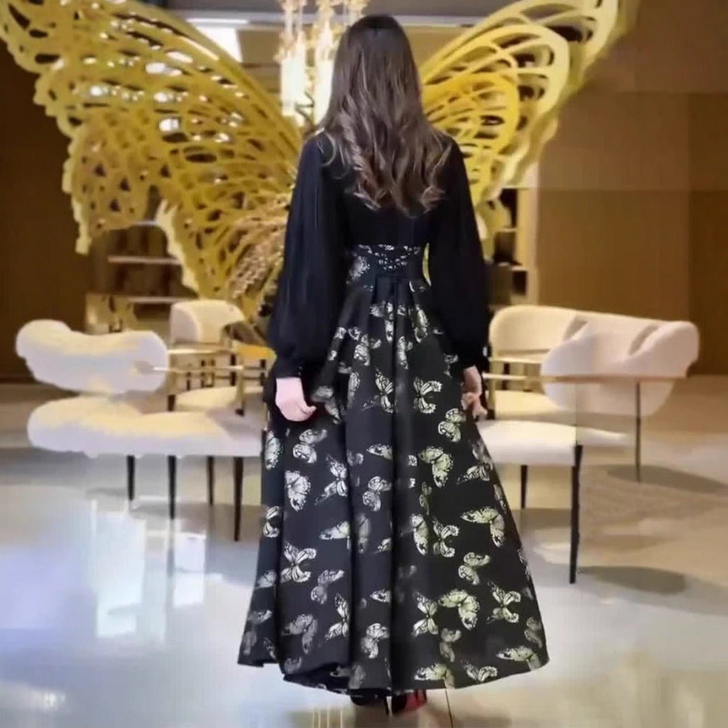 Elegant Long Sleeve Maxi Dress, Butterfly Patterned Abaya / Long Dress Gown (MA219)
