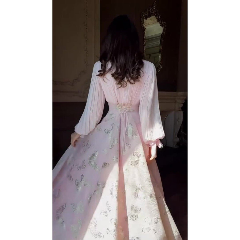 Elegant Long Sleeve Maxi Dress, Butterfly Patterned Abaya / Long Dress Gown (MA219)