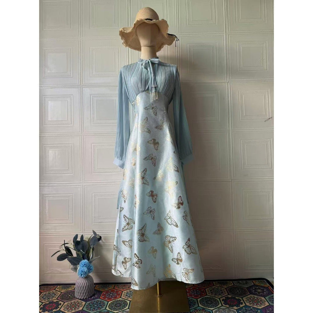 Elegant Long Sleeve Maxi Dress, Butterfly Patterned Abaya / Long Dress Gown (MA219)