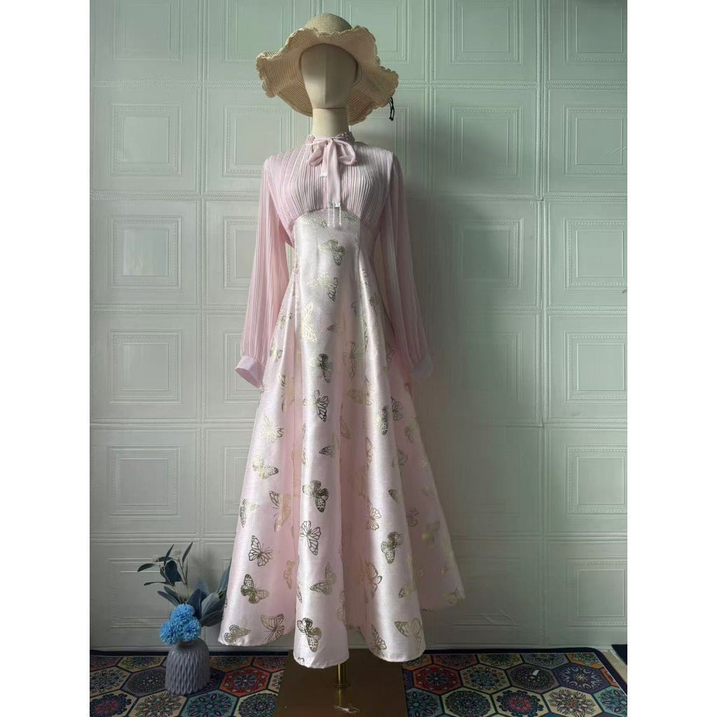 Elegant Long Sleeve Maxi Dress, Butterfly Patterned Abaya / Long Dress Gown (MA219)