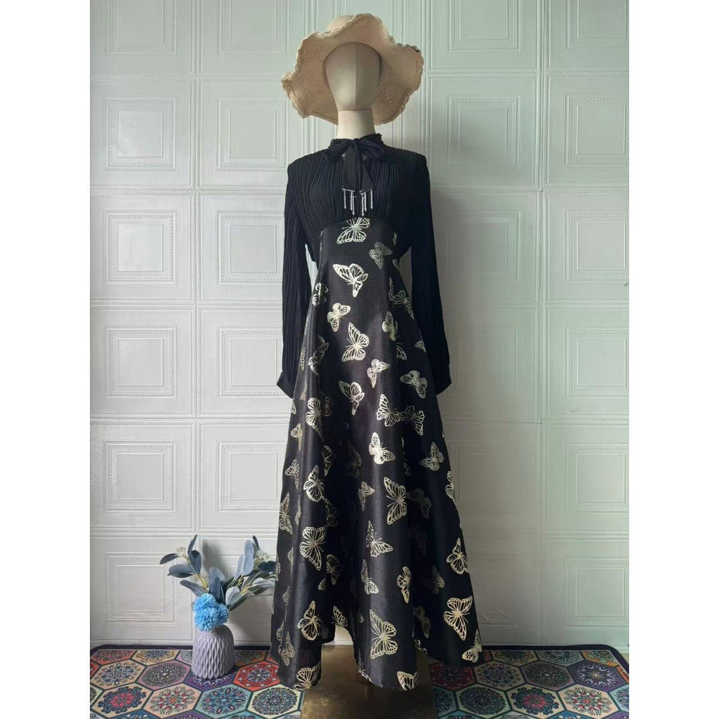 Elegant Long Sleeve Maxi Dress, Butterfly Patterned Abaya / Long Dress Gown (MA219)