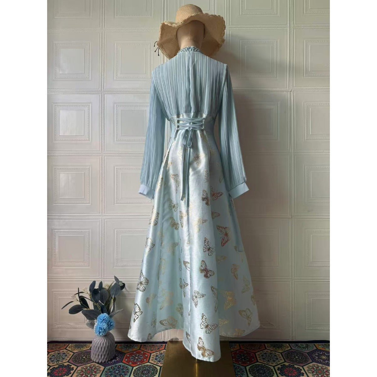 Elegant Long Sleeve Maxi Dress, Butterfly Patterned Abaya / Long Dress Gown (MA219)