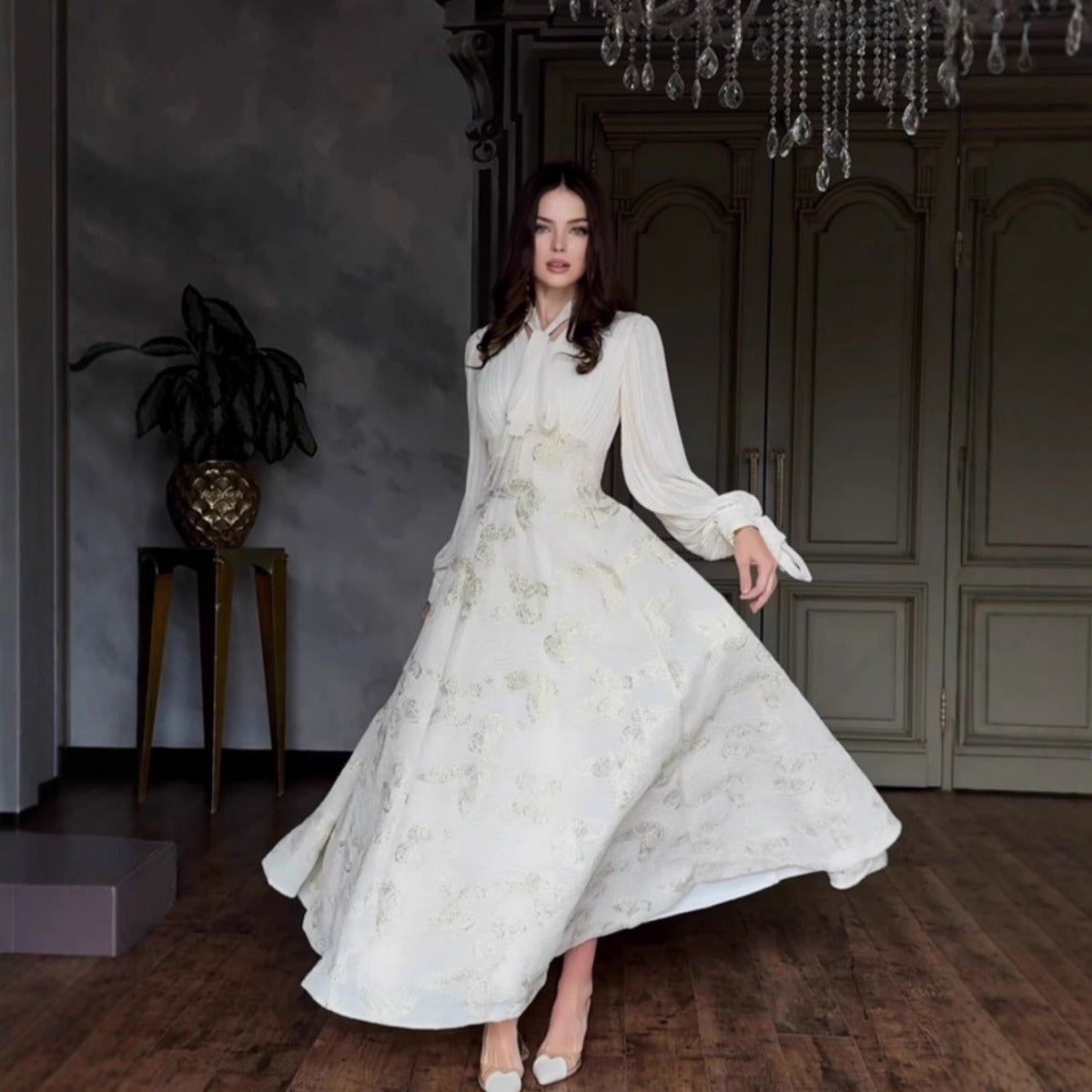 Elegant Long Sleeve Maxi Dress, Butterfly Patterned Abaya / Long Dress Gown (MA219)