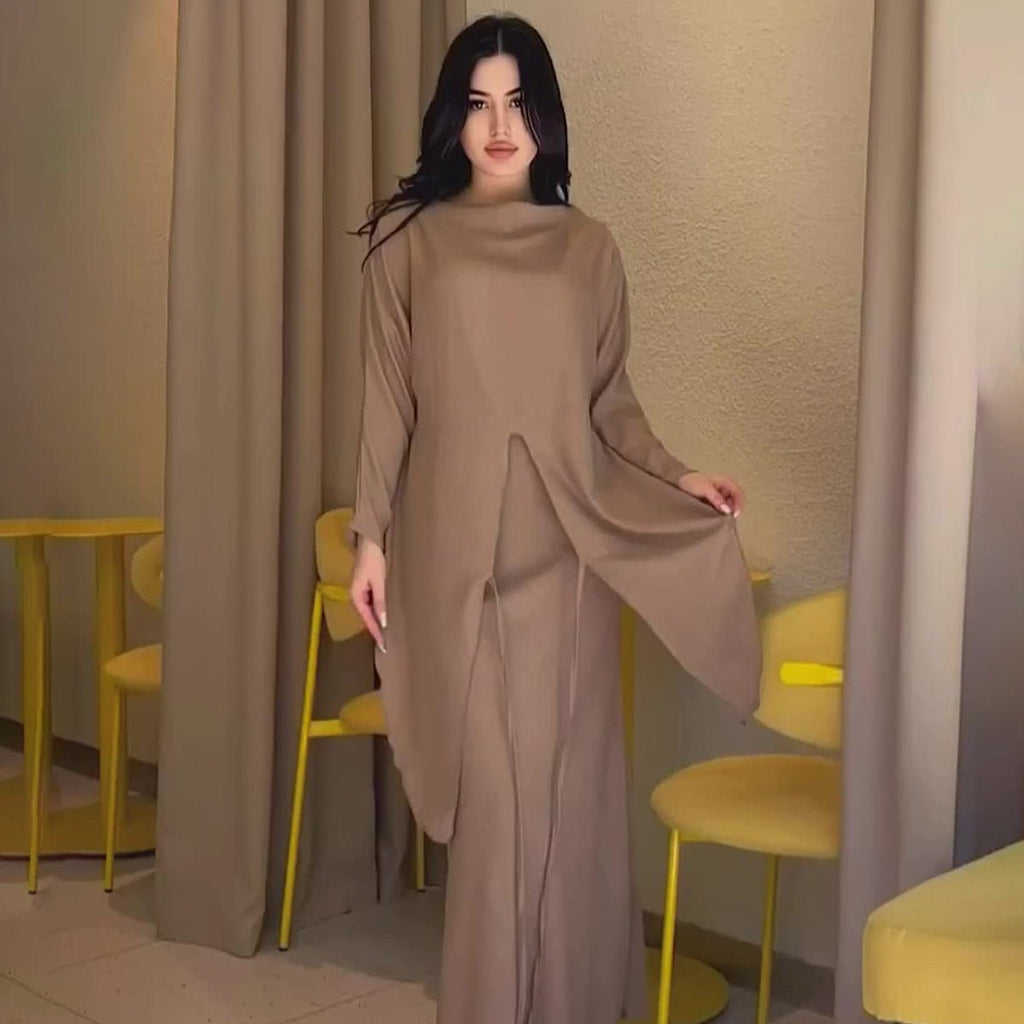 Elegant Long Sleeve Taupe Satin Cross-Lace Waist Skirt Two-Piece Abaya Outfit(MA208)